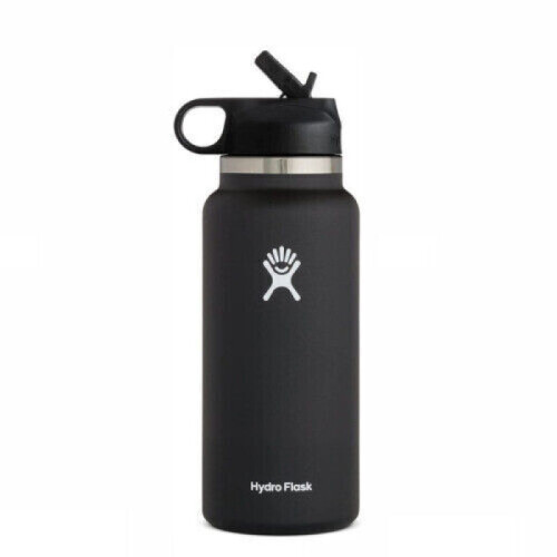 (Black) Hydro Flask Stainless Steel Wide Mouth Water Bottle with Flex Straw Lid and Double-Wall Vacuum Insulation