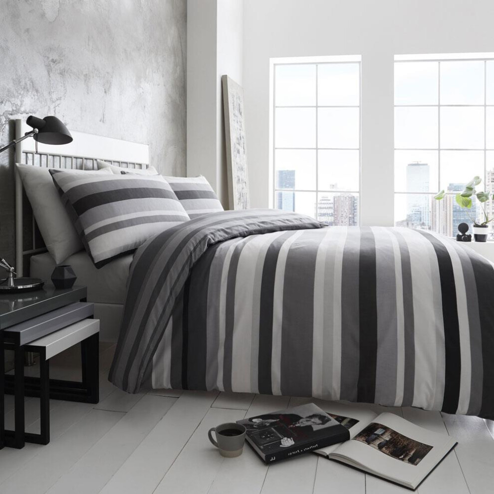 (King) Duvet Set Black White Grey Stripe Quilt Cover