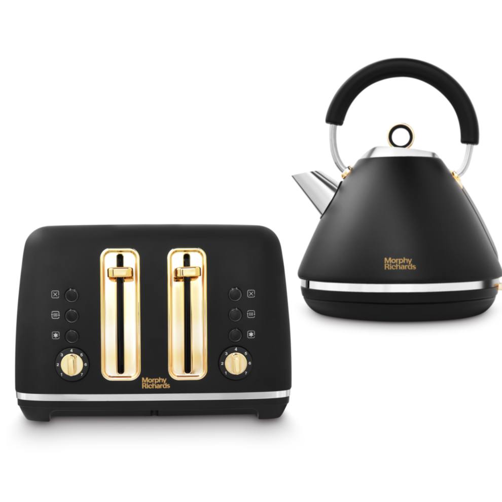 Morphy Richards Accents Black & Gold Pyramid Kettle & 4 Slice Toaster