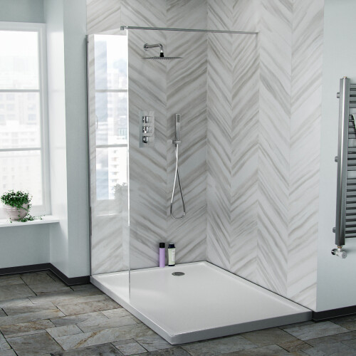 NES Home Samoa 800mm Wet Room Panel 8mm Tempered Glass & Chrome Support Bar 1