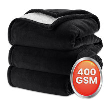 (Single: 130 cm x 150 cm., Black) 2 Layers Reversible Sherpa Fleece Warm Soft Blanket Bed Throw Sofa Mink