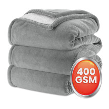 (Single: 130 cm x 150 cm., Silver) 2 Layers Reversible Sherpa Fleece Warm Soft Blanket Bed Throw Sofa Mink