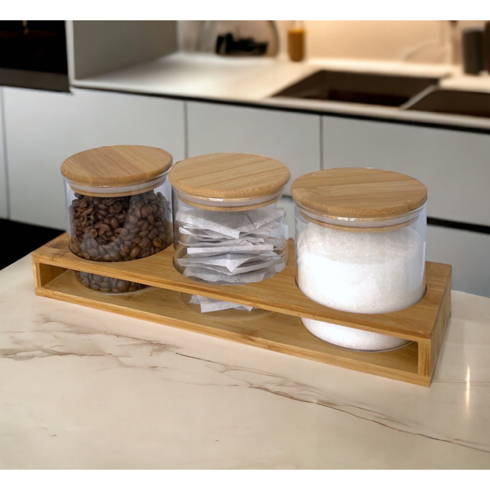 Set Of 3 Glass Tea Coffee Sugar Jars Canisters with Bamboo Stand