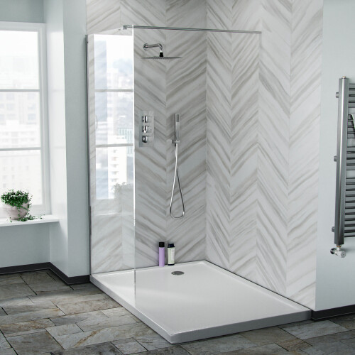 NES Home Samoa 900mm Wet Room Panel 8mm Tempered Glass & Chrome Support Bar 1