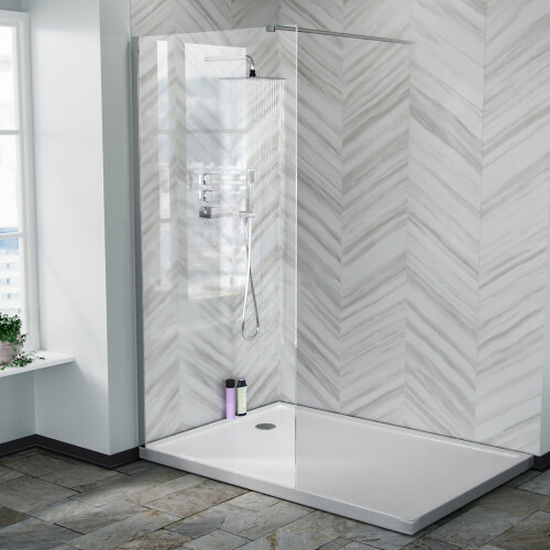 NES Home Samoa 900mm Wet Room Panel 8mm Tempered Glass & Chrome Support Bar