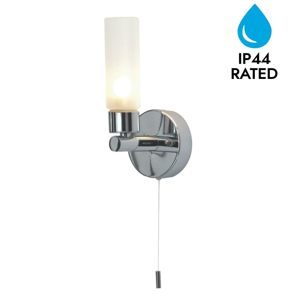 Polished Chrome IP44 Bathroom Tube Wall Light With Pull Cord Switch