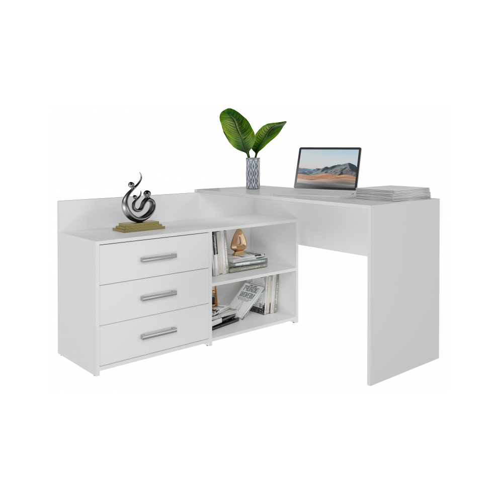 (White) MOLINE - Corner desk with storage - 3 drawers + 2 shelves - 120x50x76 cm - Computer desk