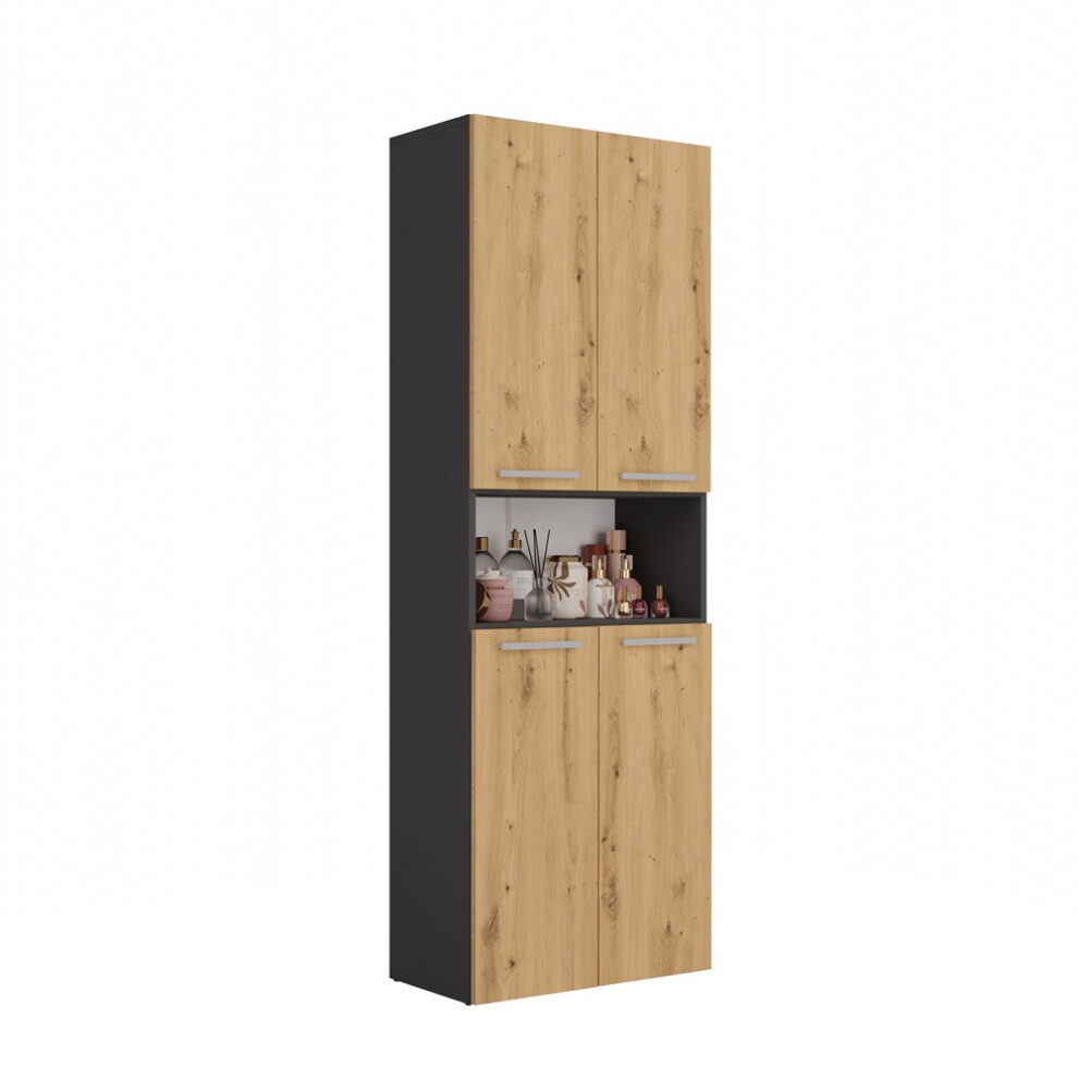 (Grey & Oak) GLAZE - Bathroom cabinet with line basket - Modern style - 174x60x30 cm - Bathroom column