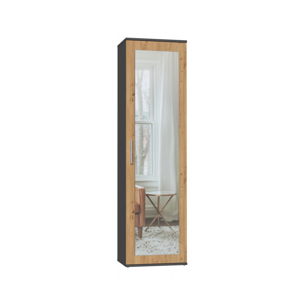 (Grey & Oak) ATARA - Hall cupboard with large mirror - 180x50x35 cm - 2 shelves + hanging space - Hall furniture