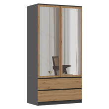(Grey & Oak) TURIN - 2 door wardrobe with mirror modern bedroom style - 90x50x180 - 2 drawers