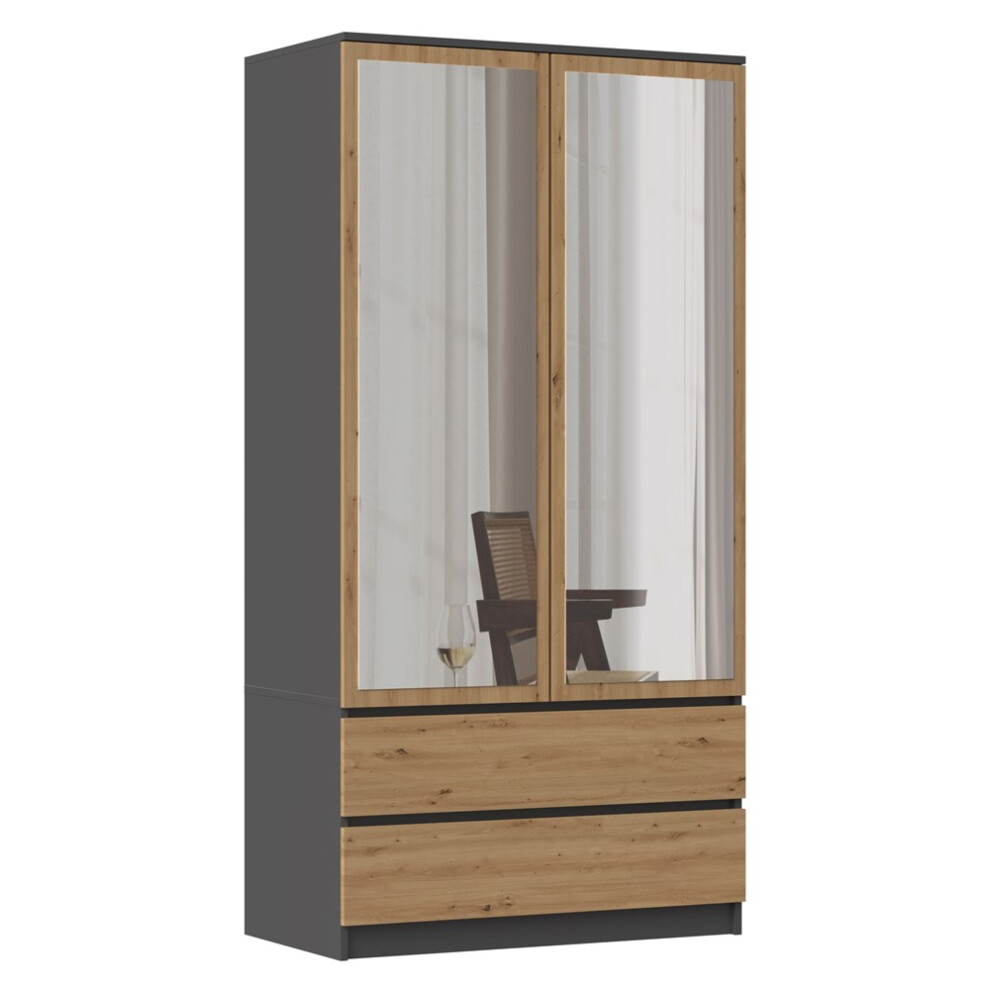 (Grey & Oak) TURIN - 2 door wardrobe with mirror modern bedroom style - 90x50x180 - 2 drawers