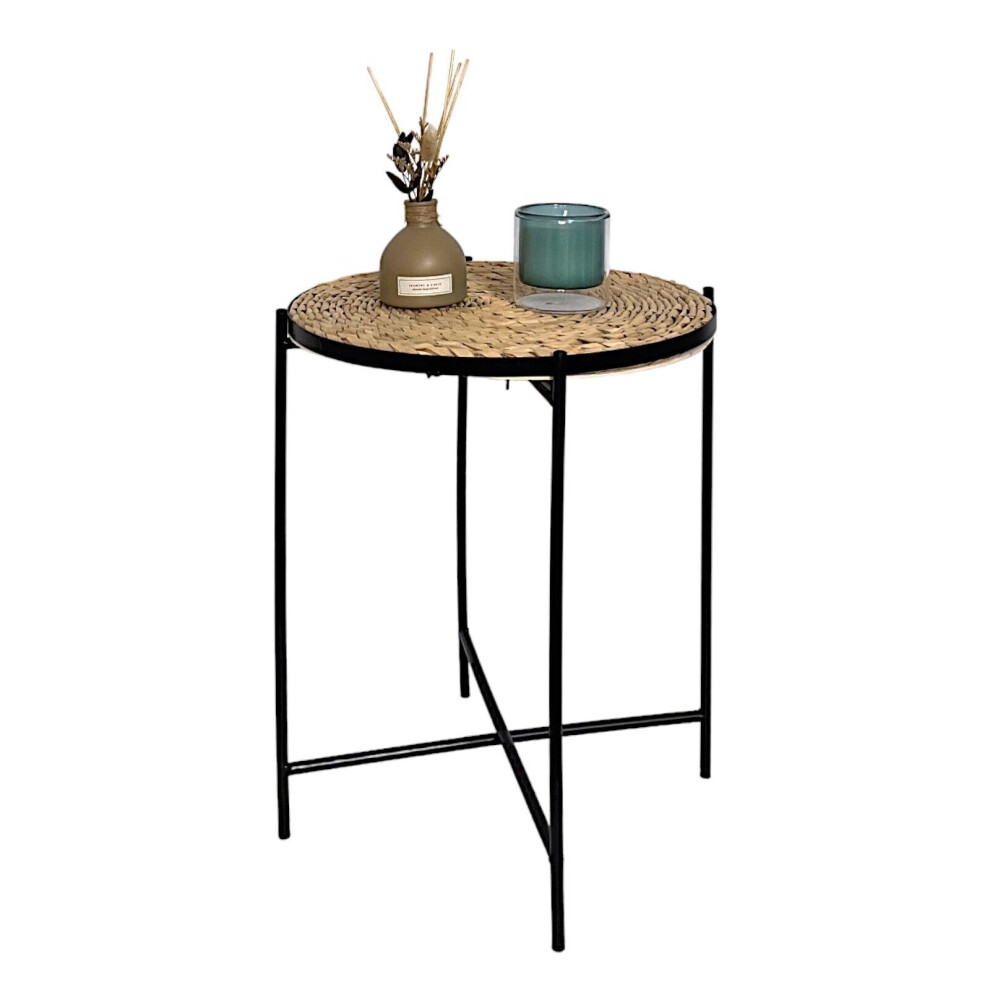 Round Coffee Table Metal with Light Rattan Tray Table Black Foldable Legs