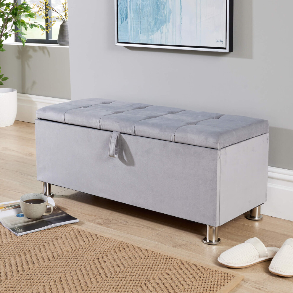 (Light Grey) Home Source Pewter Padded Fabric Storage Ottoman