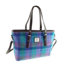 Glen Appin of Scotland Harris Tweed Tote Bag - Purple Turquoise Tartan Check, Ladies Grab Handbag, Detachable Strap, Inner Pockets