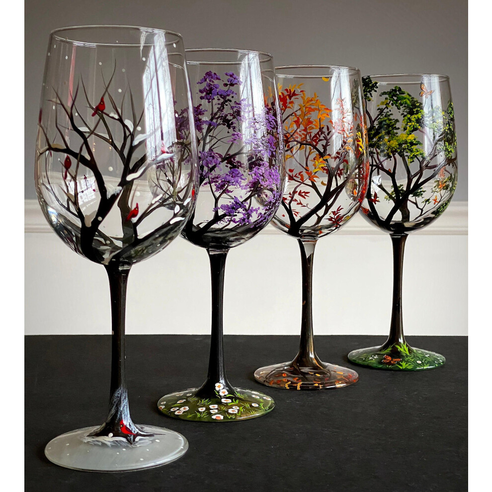 (1pc in winter) Four Seasons Tree Wine Glasses Spring Summer Winter Fall Set Of Four Hand Painted Art Unique Wedding Anniversary Birthday Housewarming Gift(free Shipp