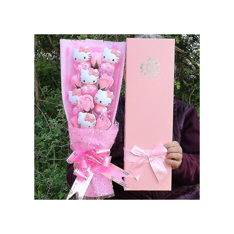 (Pink 6cat 6flower) 2024-6 Cats Sanrio Anime Hello Kitty Bouquet Plush Stuffed Doll Kawaii Soap Flower Gift Box Rose Flower Cartoon Valentine"s Day Gifts