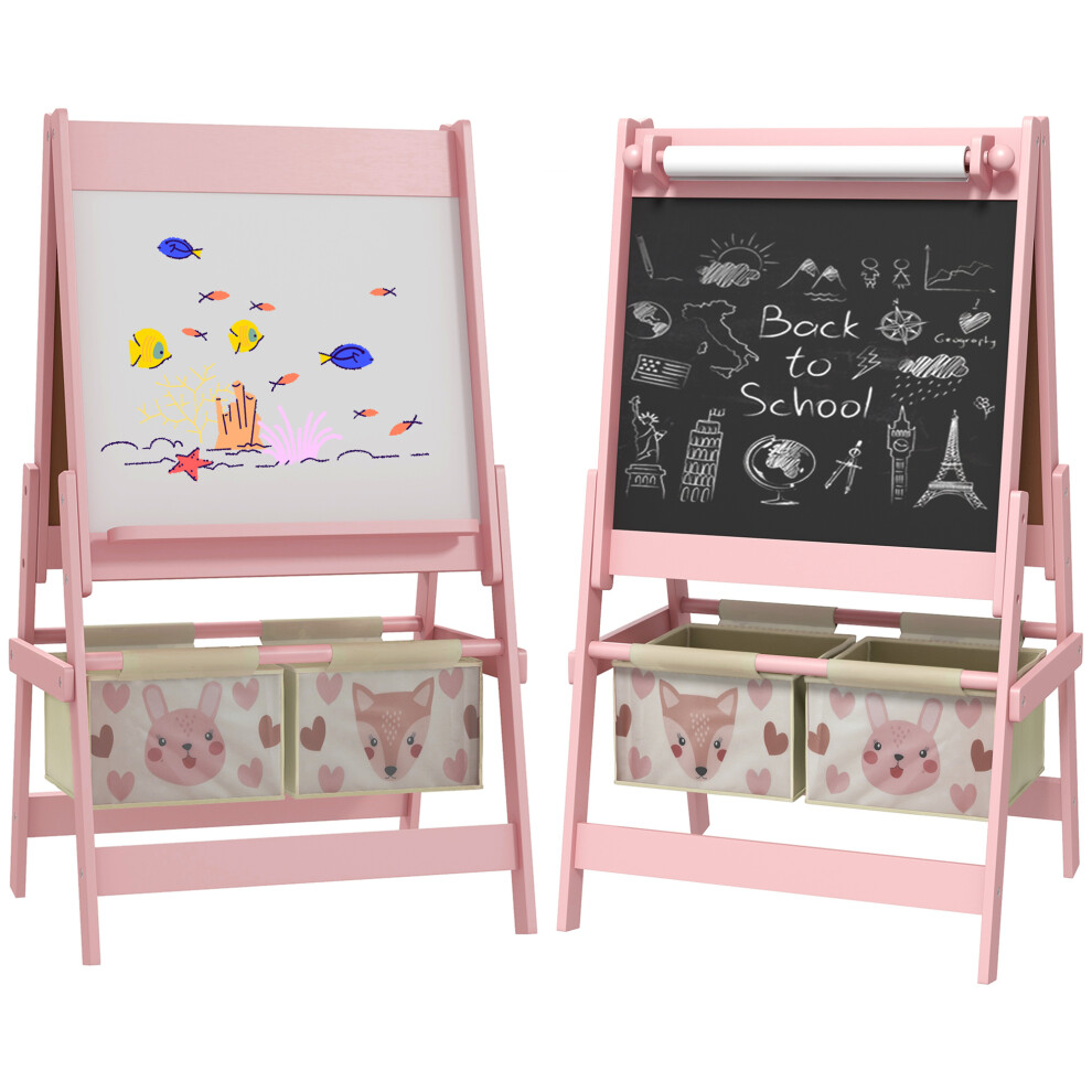 Aiyaplay Kids Easel With Paper Roll, Blackboard, Whiteboard, Storage, Pink