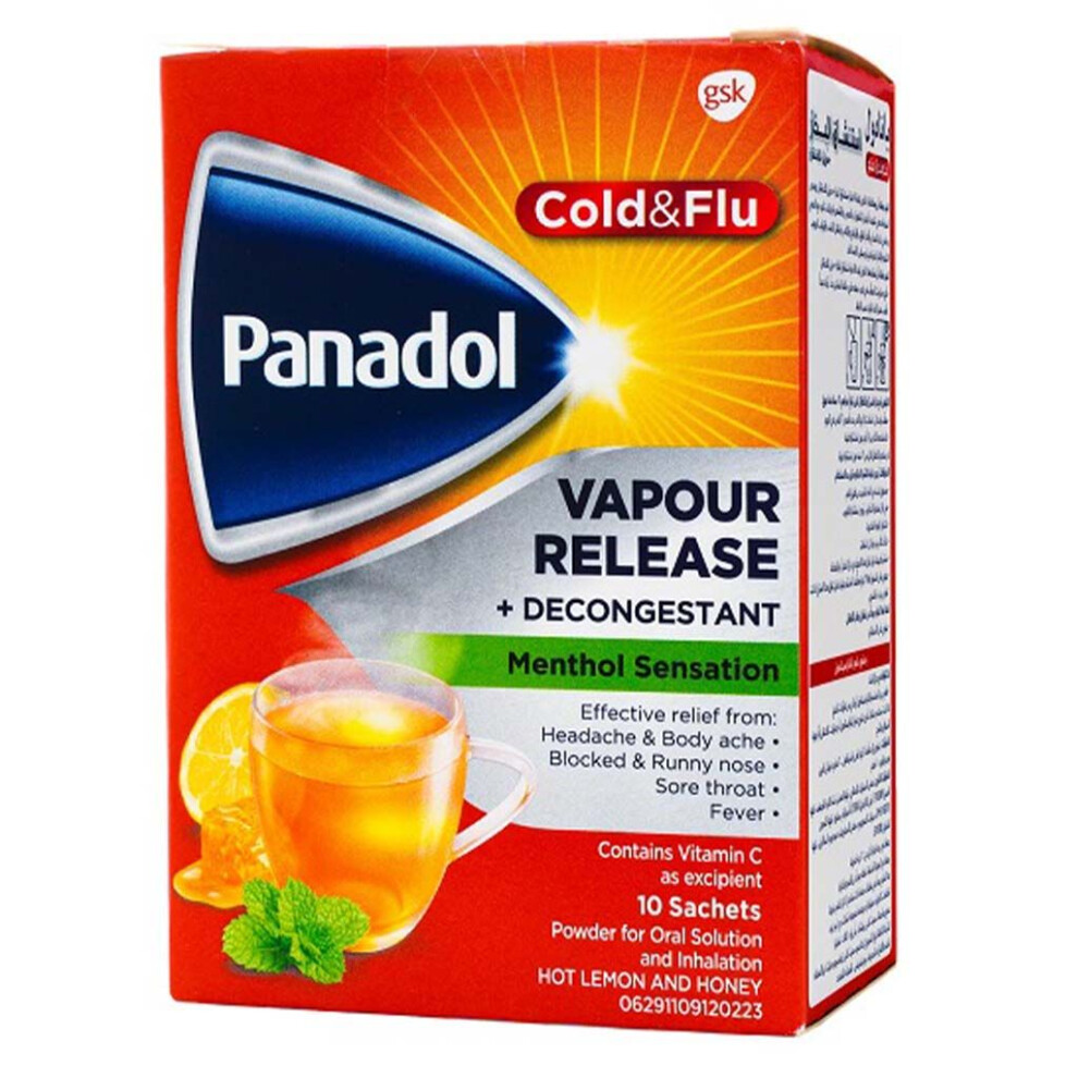Panadol Cold And Flu Vapour Release + Decongestant, Hot Lemon & Honey Sachets, 10 Sechets