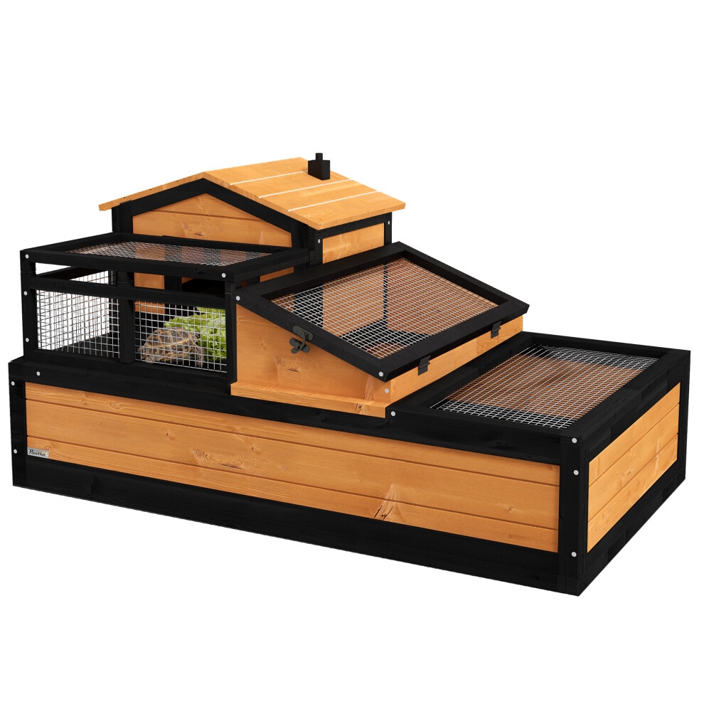 Pawhut Wooden Tortoise House Indoor Outdoor W/ Balcony, Tray, Openable Roof