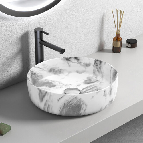 Living And Home Round White Ceramic Marble Effect Texture Countertop Basin Bathroom Sink W 360 mm