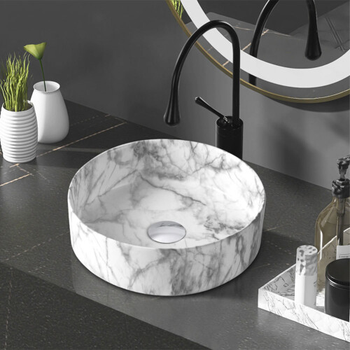 Living And Home Round White Ceramic Marble Effect Texture Countertop Basin Bathroom Sink W 360 mm 1