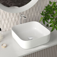 Square Rounded Corners White Ceramic Countertop Basin Bathroom Sink W 390 mm