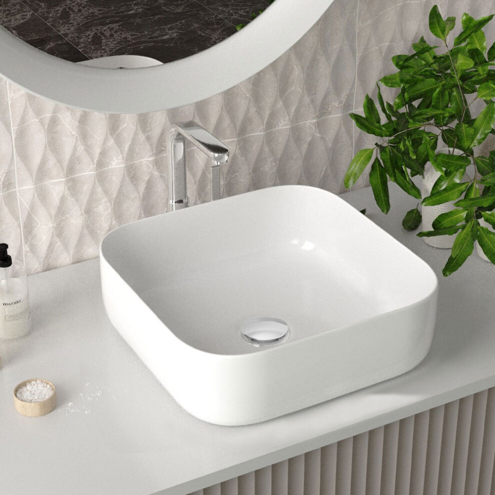 Square Rounded Corners White Ceramic Countertop Basin Bathroom Sink W 390 mm