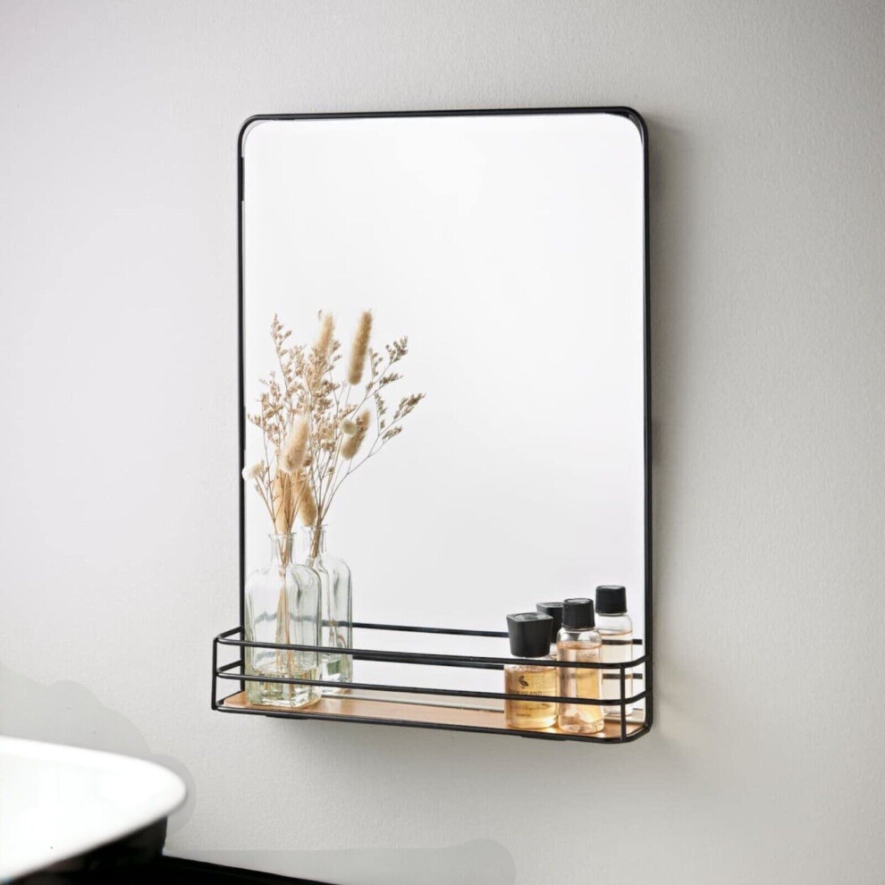 Bathroom Mirror Black Metal Frame Wall Mounted Mirror & Wooden Shelf