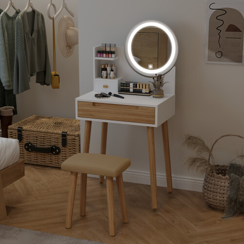 ELECWISH LED Mirror Dressing Table with Stool - 1-Drawer Vanity Set, Side Shelves, Dimmable 3-Mode Lighting, Easy Assembly 2