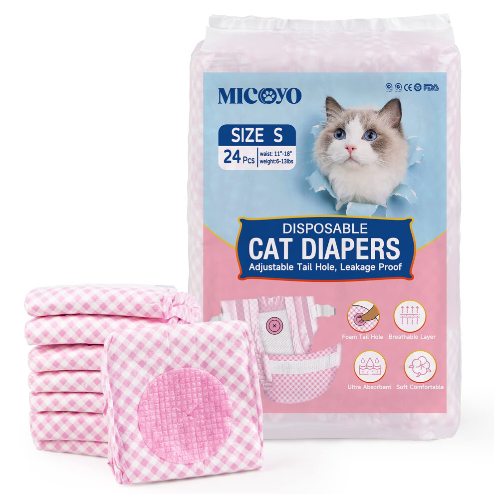 Disposable Puppy Cat Nappies - Super Absorbent Pet Diapers for Cats Small Dogs, Disposable Cat Diaper Pants for Female in Heat (S, 24Pack)