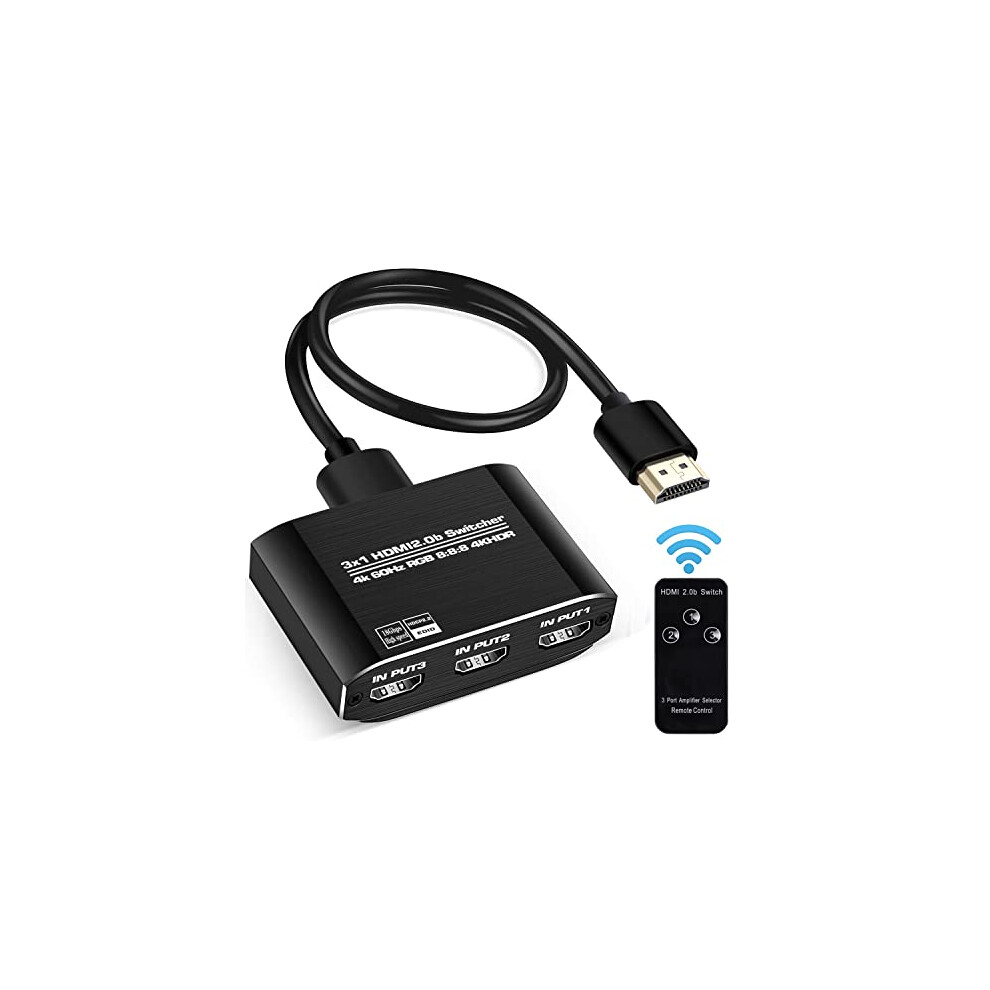 4K@60Hz Hdmi Switch With Remote, Aluminum 4K Hdmi Switch 3 In 1 Out, Hdmi Switcher Support 4K@60Hz, 3D, 1080P, Hdcp 2.2, Hdmi2.0, Hdr, 18.5Gbps With 1 754909804626