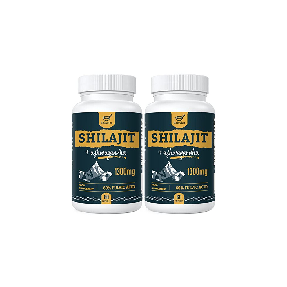 Solavica Shilajit Capsules 1300Mg Per Serving With Ashwagandha Root Extract, 60% Fulvic Acid, Pure High Strength Shilajit Supplement For Stamina And Stress, 60