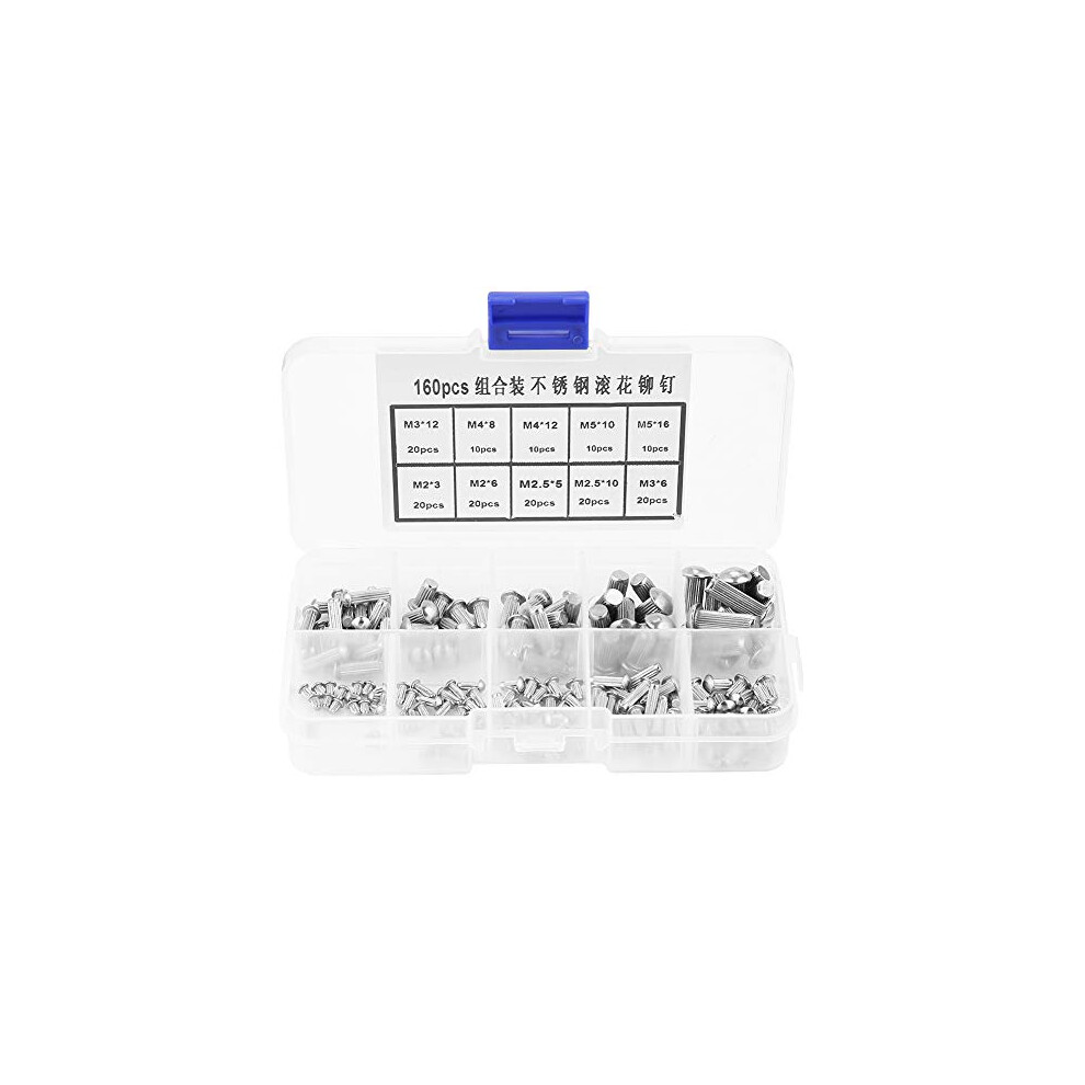 160Pcs M2-M5 Stainless Steel Round Head Rivet Knurled Shanks Solid Rivets Diy Handmade Fasteners Assortment Set,Rivet 736342568501