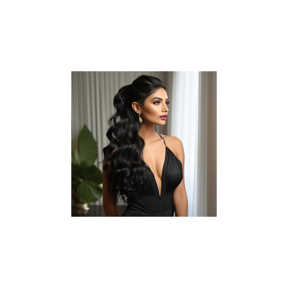 Berrylion Ponytail Hair Extension Body Wave Ponytail Extension|Synthetic Pony Tails Extensions|Curly Ponytail Extension 24 Inch-Black Â¦