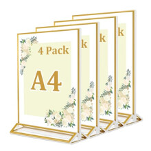 4 Pack A4 Acrylic Sign Holder with Gold Border, A4 Display Stand for Table Menu, A4 Gold Menu Holders for Wedding, Restaurant Signs(Double Sided)