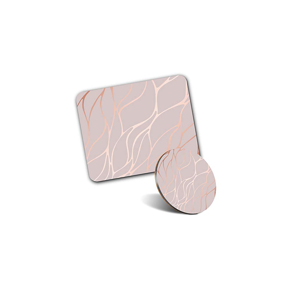 Rectangle Mouse Mat & Round Coaster Set - Rose Marble Effect 20 Cm & 9 Cm For Computer & Laptop, Office, Gift, Non-Slip Base #2452 Gold 7626024354436