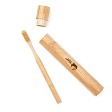 Bamboo Toothbrush in Bamboo Tube - Sustainable Toothbrush with Travel Case, Biodegradable Eco Friendly Wooden Toothbrush, Brown