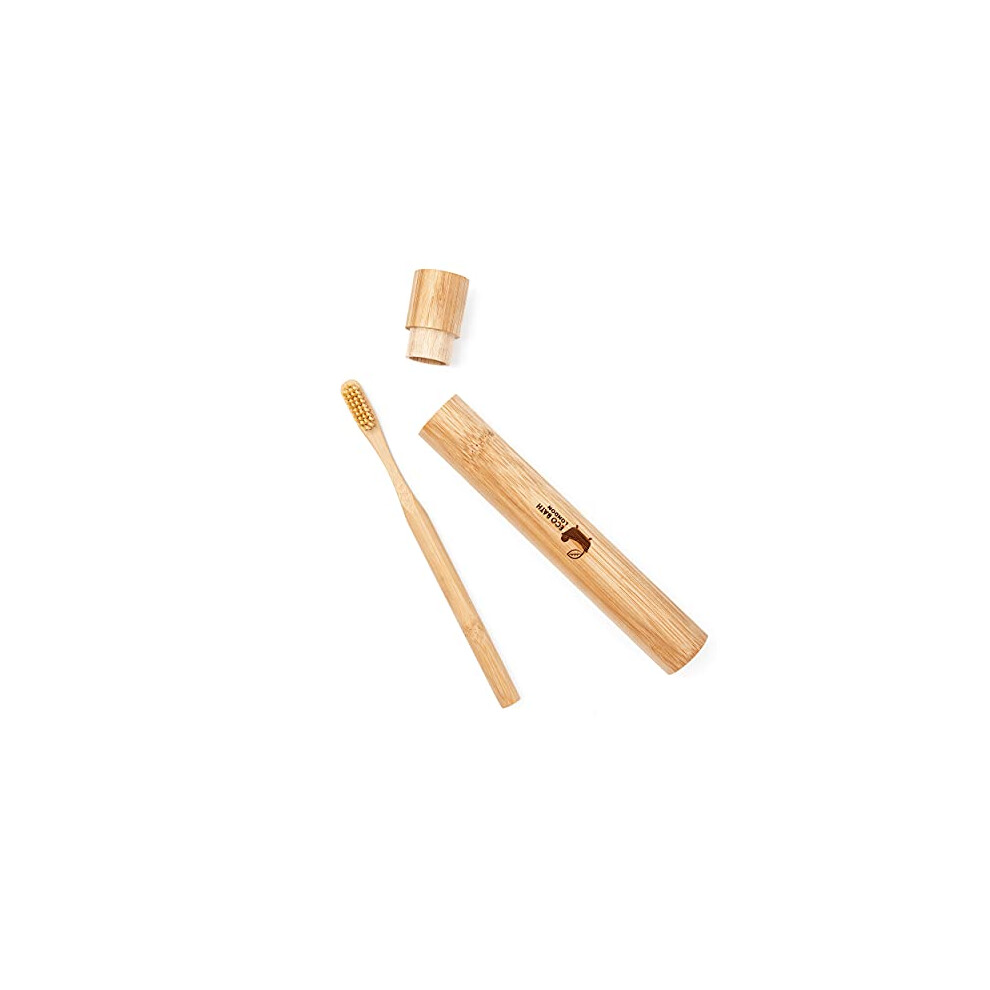 Eco Bath London Brown Bamboo Toothbrush In Bamboo Tube - Sustainable Toothbrush With Travel Case, Biodegradable Eco Friendly Wooden Toothbrush,