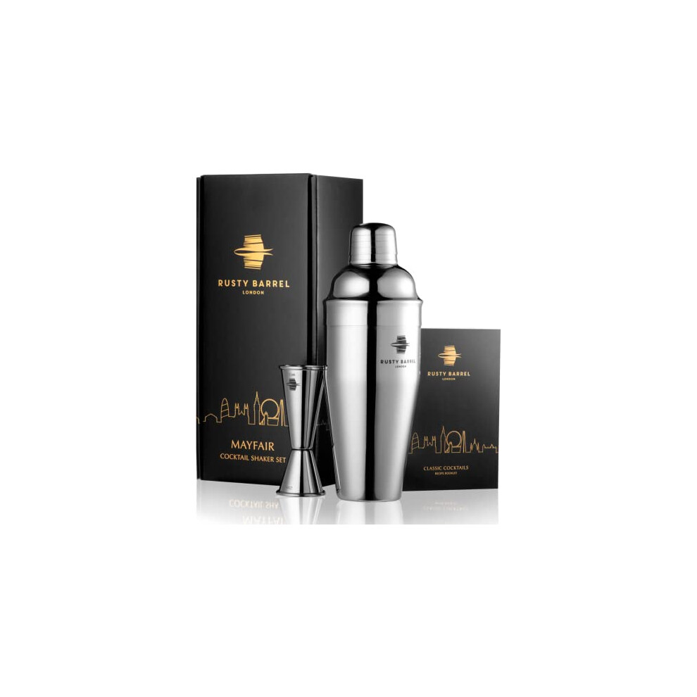 Mayfair Cocktail Shaker Set - Large 750ml Manhattan Style Stainless Steel Shaker With Built-in Strainer, 25/50 Double Jigger & Cocktail Recipe Booklet