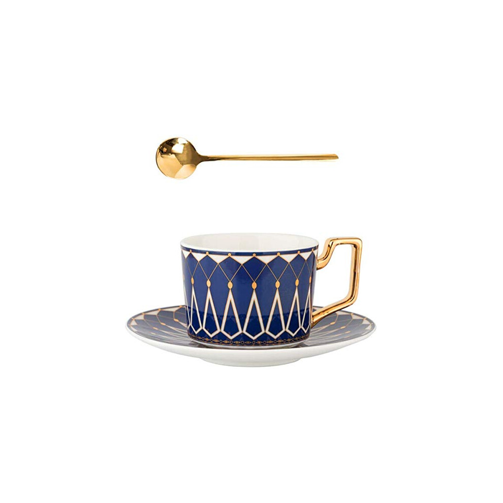 Eplze Elegant Ceramic Teacup and Saucer Set, 8oz Coffee Cup for Afternoon Tea- Geometric Pattern (Blue)