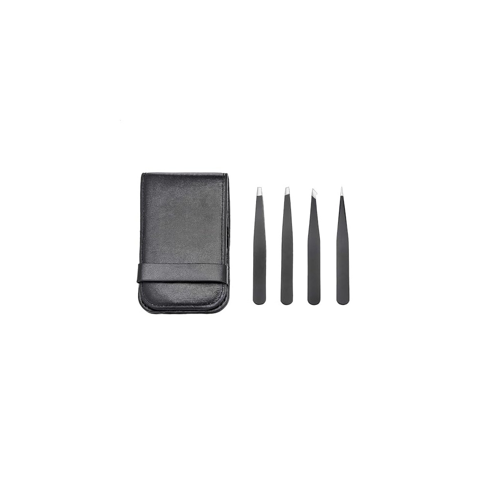 Amazon Eyebrow Tweezers, Stainless Steel Slant And Pointed Hair Removal Tweezers, Precision Tweezers For Ingrown Hair, Eyebrows Plucking, 4-Pack, Black
