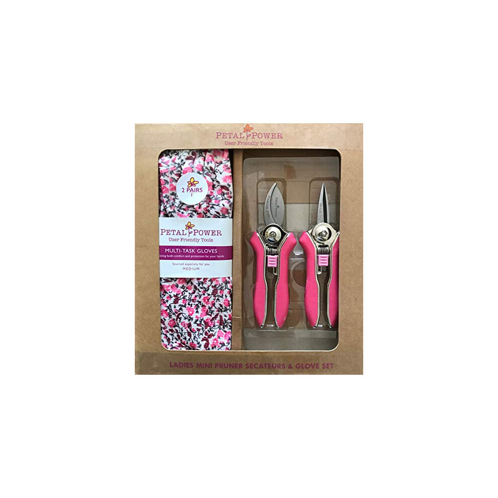 Ladies Mini Pruner Garden Secateurs & Ladies Gardening Gloves (2 Pairs) Set - Bypass & Snipper Pruners – Lightweight Garden Gloves - Best Garden