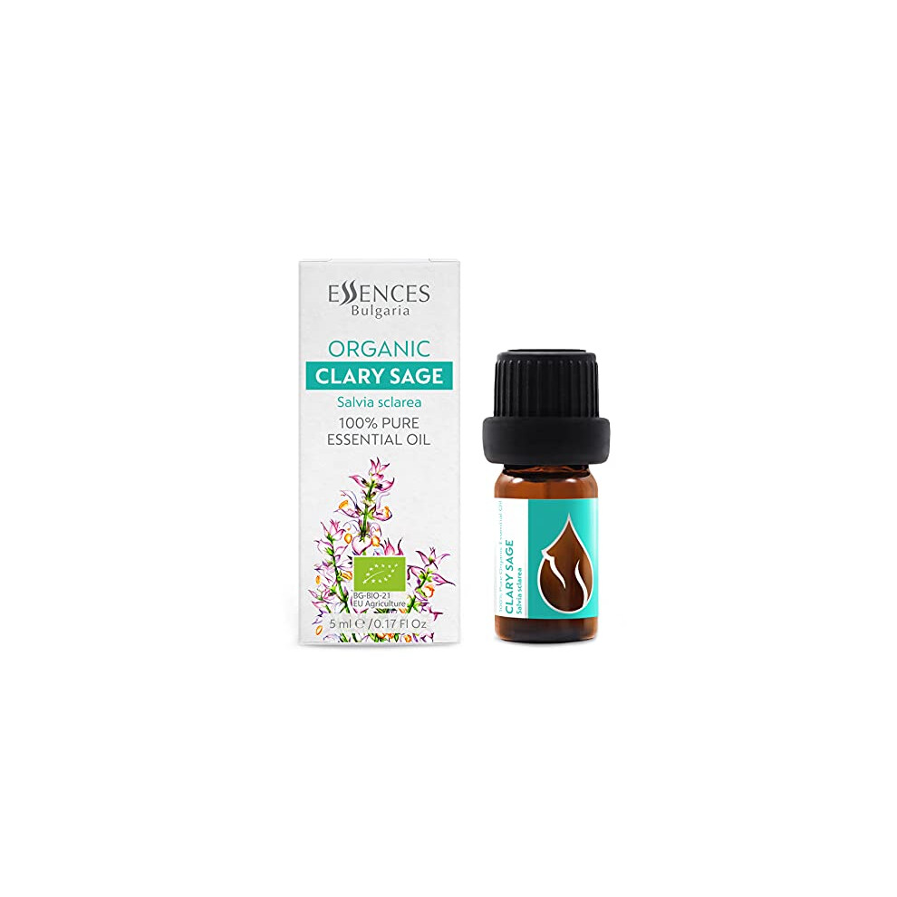 Essences Bulgaria Organic Clary Sage Essential Oil 5Ml | Salvia Sclarea | 100% Pure And Natural | Undiluted | Therapeutic Grade | Family Owned Farm | Steam-Distilled |