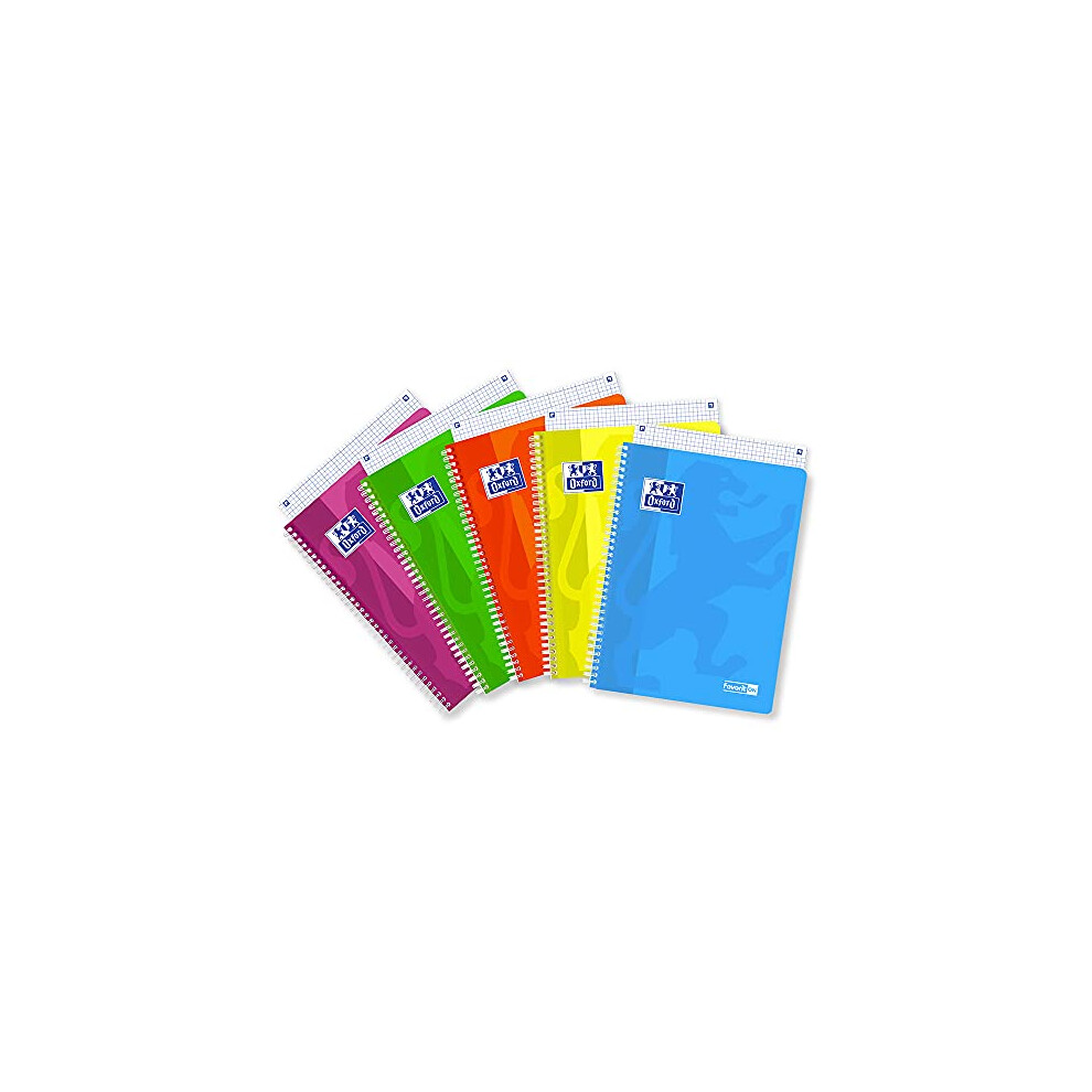 Spiral Notebook A4, Squares 5 mm, Paper 90g/mÂ², Pack of 5, Assorted Fluo Colours