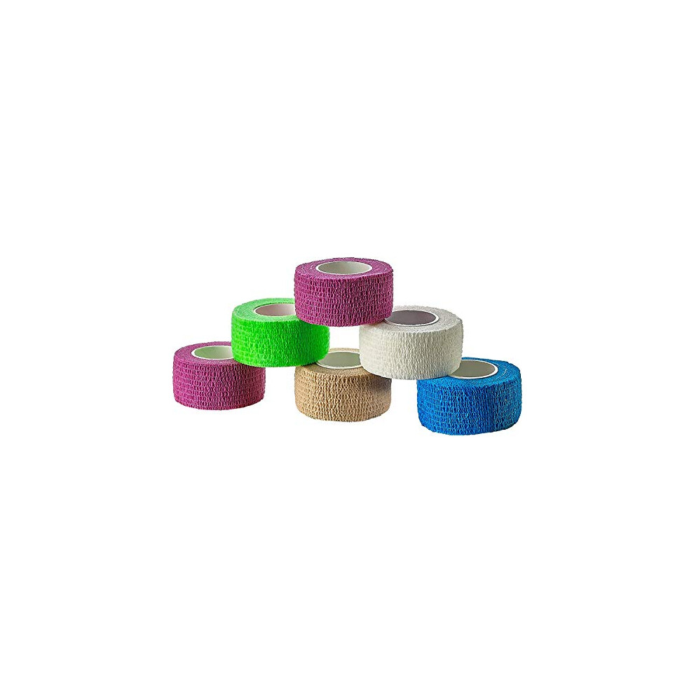 Medca Self Adherent Cohesive Wrap Bandages - (Pack Of 6 Rolls) 1 Inch X 5 Yards With Strong Elastic And Colorful First Aid Tape For Sprain Swelling And