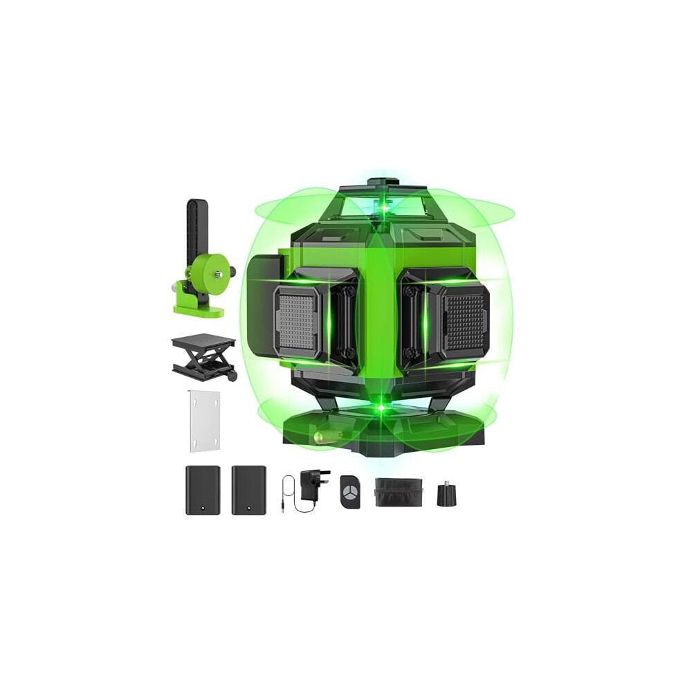 Laser Level Green 4 x 360, Rotary Laser Level Self Levelling 16 Green Cross Line Horizontal & Vertical Laser, Remote Control, IP54, Lifting Base