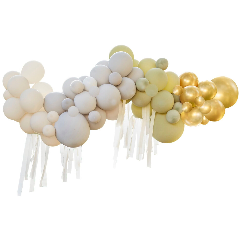 'Let's Go Wild' Green, Cream, Grey & Gold Chrome Arch with Streamers & Leaves-75 Balloons, Multi