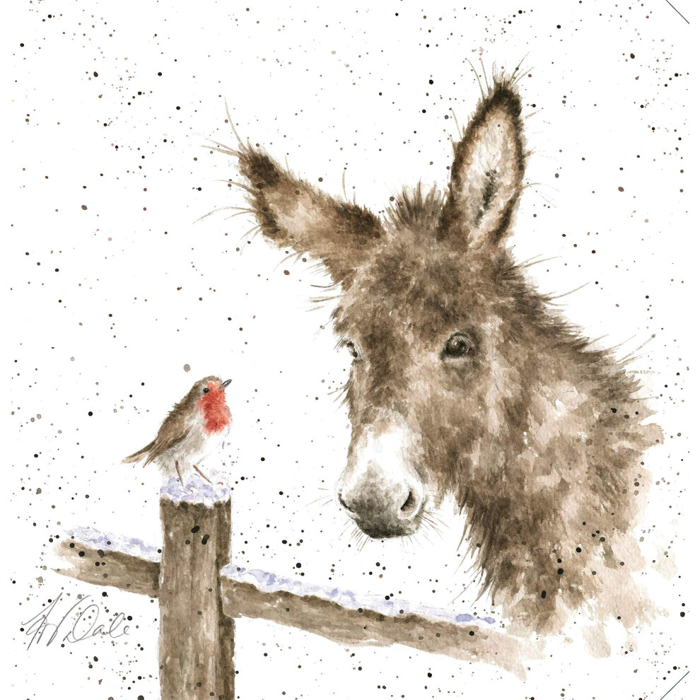 Wrendale Festive Print On Square Canvas 20 Centimetre Donkey And Robin White
