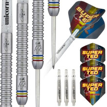 Steel Tip Darts Set | Ted 'Super Ted' Evetts Phase 2 | 90% Natural Tungsten Barrels with Blue Red & Yellow Accents & Laser Etched Autograph | 23 g