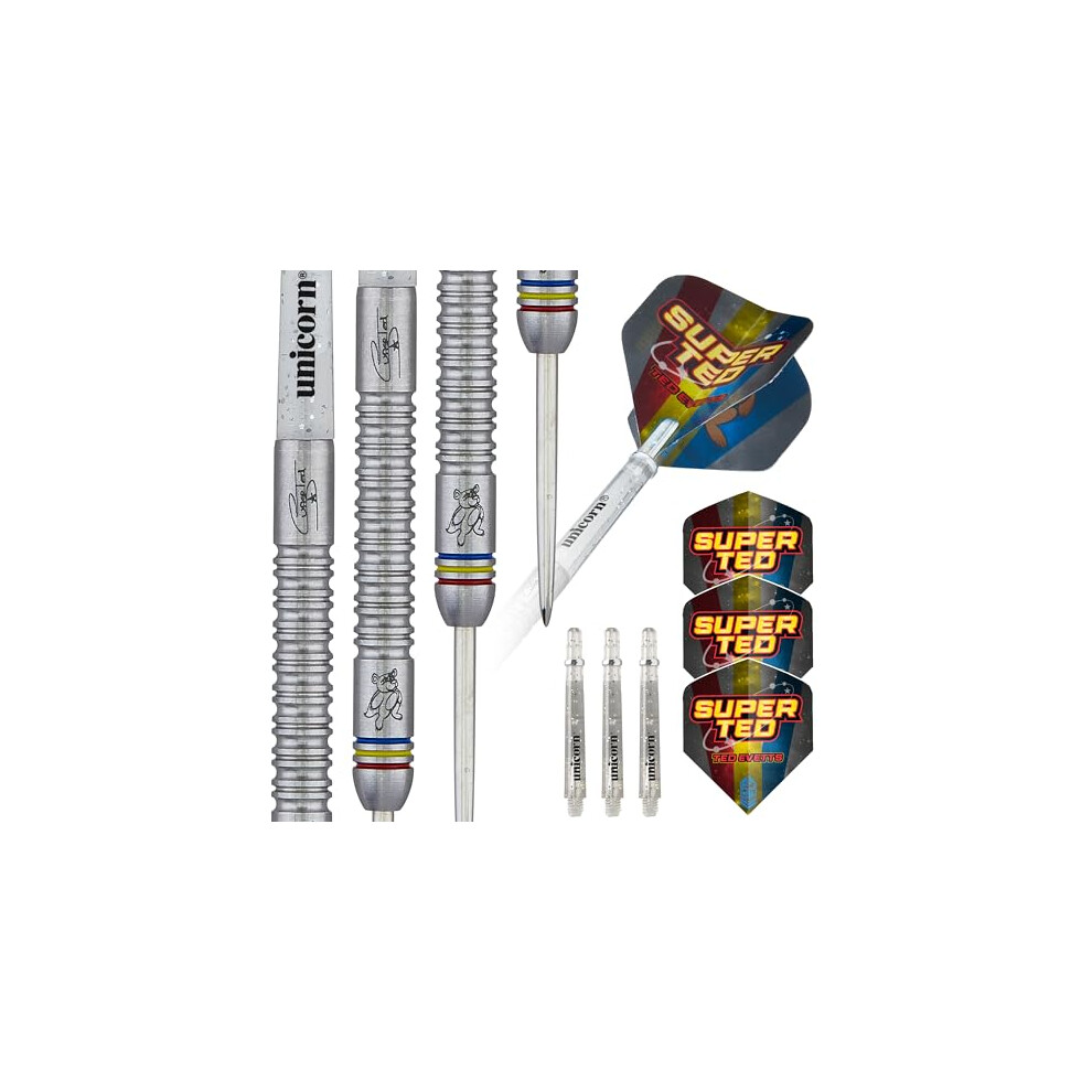 Steel Tip Darts Set | Ted 'Super Ted' Evetts Phase 2 | 90% Natural Tungsten Barrels with Blue Red & Yellow Accents & Laser Etched Autograph | 23 g